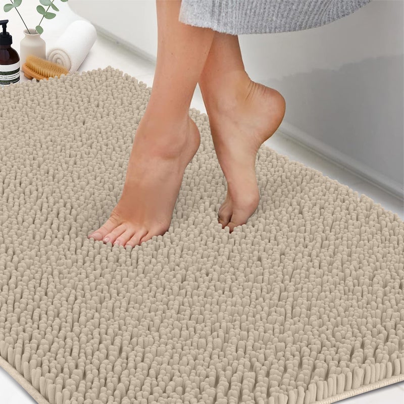 ITSOFT Plush Bathroom Rug 47x21, Absorbent Machine Washable Non Slip Chenille Bath Mats, Quick Dry Bathmat, Bath Rugs for Bath, Shower, Bedroom, or Door Mat, Beige - Image 1